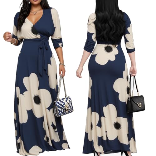 Image of Women's Church Maxi Wrap V Neck 3 /4 Sleeve Tie Waist Plus Size Long Dress | Flattering wrap V-neck design enhances curves. High elastic tie waist accentuates the slimmest part, hides tummy.