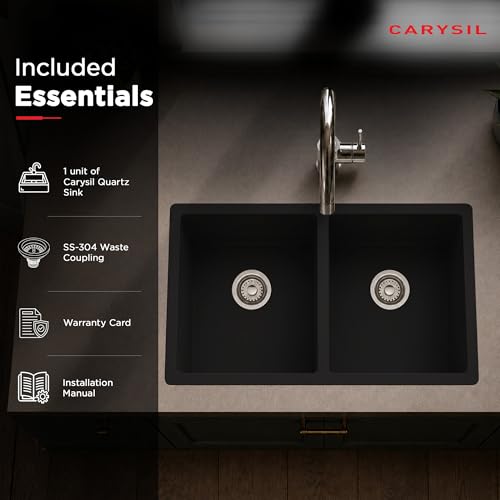 Image of Carysil DOLCE UK Quartz Kitchen Sink 34 x 20 x 8 inches, Single Bowl, 80% Quartz & 20% Resin, Heat Resistant 300C, 50kg Load, Scratch & Stain Resistant, Granite Sink, 304 SS Coupling - Pearl Black