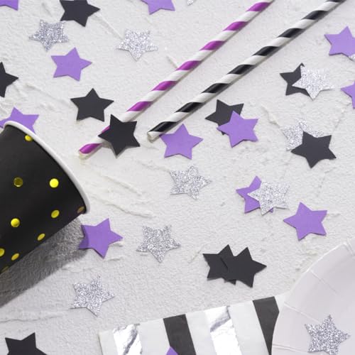 Image of MOWO Purple Black and Silver Star Confetti Table Decoration, 1.2'', 200pc | Birthday Retirement Graduation Bachelor Party, 1.2 inch in Diameter, 200 Counts