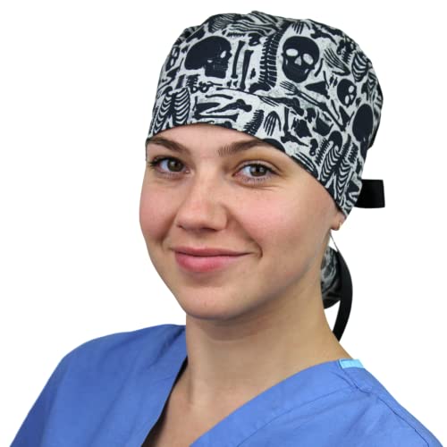 Image of Scrub Cap for Women and Men, Ponytail Scrub Caps, Working Hat, Head Cover with Ribbon Ties and Buttons, Long Hair
