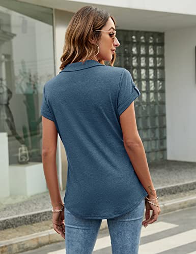 Micoson Women's Short-Sleeve Shirt Lapel V-Neck T-Shirts Curved Hem Trendy Tops Blouses For Work Casual Blue,M #TOP5