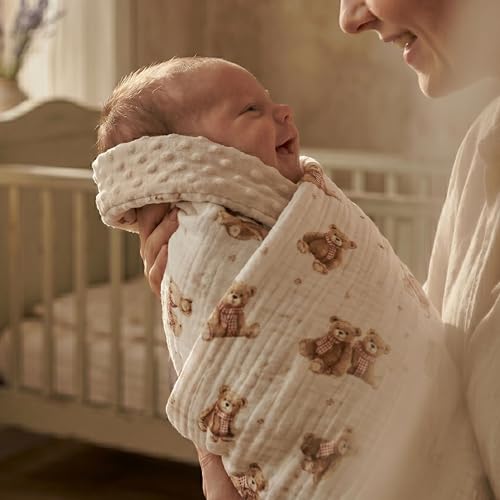 Image of GLLQUEN BABY Blankets for Boys Girls, Soft Muslin Cotton Front Dotted Fleece Backing, Nursery Minky Crib Blanket for Infant Toddler, 30 x 40 inches Throw Blanket, Bears