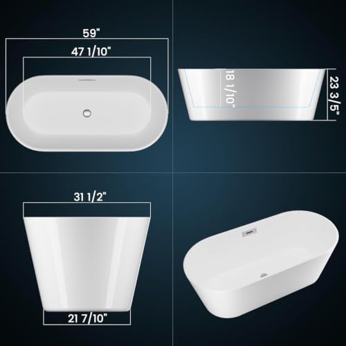 Image of 59 InchFreestanding Bathtub Acrylic Soaking Tub with Integrated Overflow, Modern Freestanding Tub /Free Standing Tub for Small Bathroom Remodel, Deep Soaking Comfort, Stand Alone Tub Spa Feel
