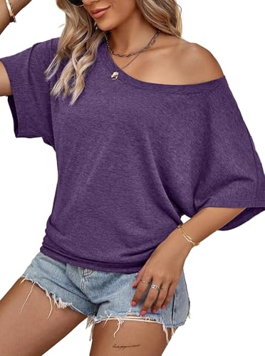 Image of Hilinker Womens Sexy Off The Shoulder Tops Short Batwing Sleeve T Shirt Oversized Casual Tee