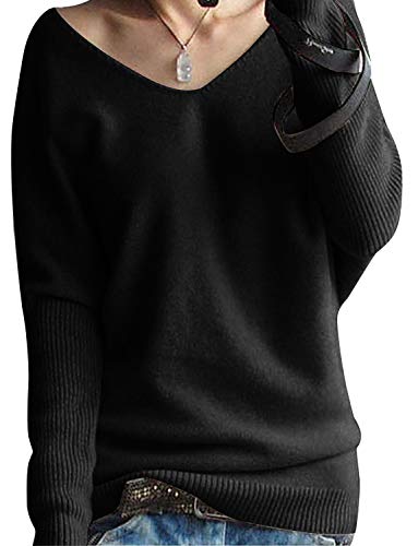 Breampot Pullover Damen Casual Winter Kaschmirimitat Pullover Strickpullover Langarm V-Ausschnitt Lose Pulli (Schwarz, Medium) Cover