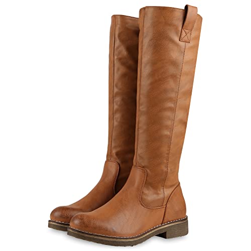 VAN HILL Klassische Stiefel Damen Schuhe Leicht Gefüttert Boots Profilsohle 149797 Hellbraun 39