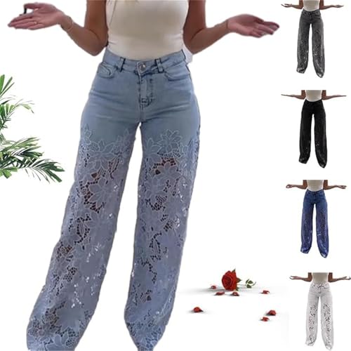Women's Lace Patchwork Hollow Jeans, Casual Vintage Baggy Straight Wide Leg Denim Pants, Patchwork Floral Jean2