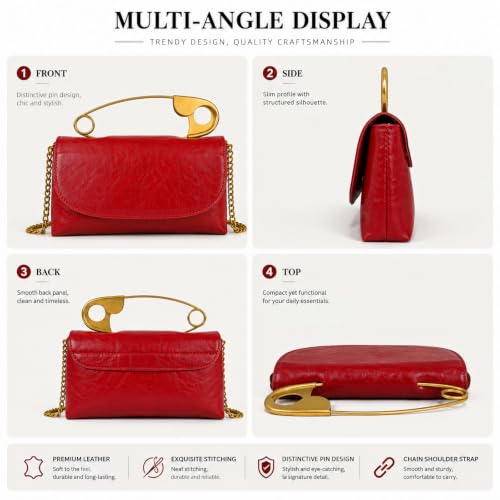 Image of Women's Small Soft Pin Shaped Vegan Leather Crossbody Purse Bag with Gold Metallic Handles & Chain