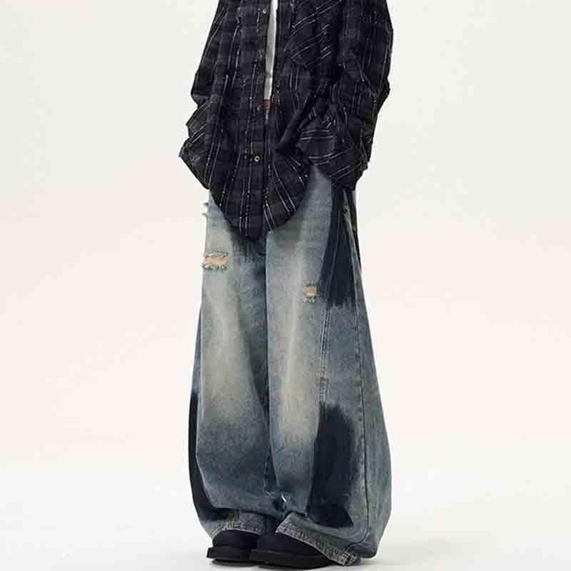 Women's Patchwork Torn Hole Spray Painted Vintage Jeans Y2K Loose Wide Leg Hanging Feeling Long Pants2