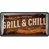 LANOLU Retro Blechschilder Grillen - GRILL AND CHILL LOUNGE - BBQ Grill Retro Deko - Grillplatz Schild Garten - Geschenk für Papas Grillecke Schild, 17x34 cm