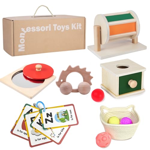 Image of Montessori Educational Toys for Babies 7-12 Months, 7 in 1 Early Learning Educational Kit for Toddlers Gifts, Includes Spinning Drum, Permanent Box, Red Mirror Knob Puzzle, Hedgehog Rattle and More