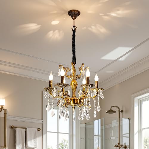 Vrygle Lámpara de Araña de Cristal de Lujo: Lámpara de Techo con Velas en Bronce Antiguo con 6 Bombillas LED Filamento, Lámpara de Techo Candelabro para Comedor, Dormitorio e Isla de Cocina, 55x55cm