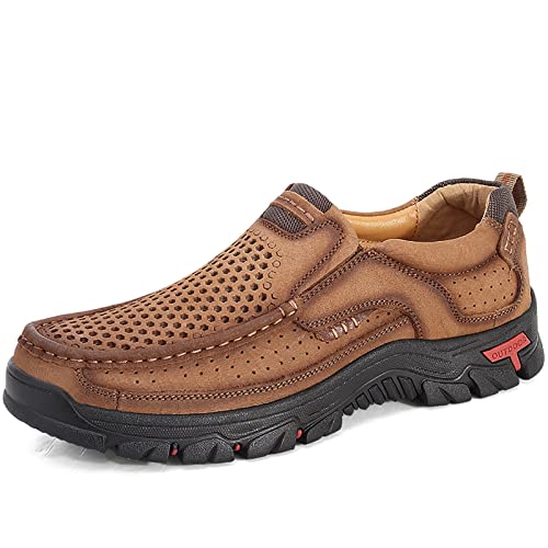 Image of COSIDRAM Men Walking Leather Shoes Sneakers Luxury Casual Slip On Loafers | Durable genuine leather upper, rugged non-slip outsole, suitable for outdoor hiking and daily casual commuting