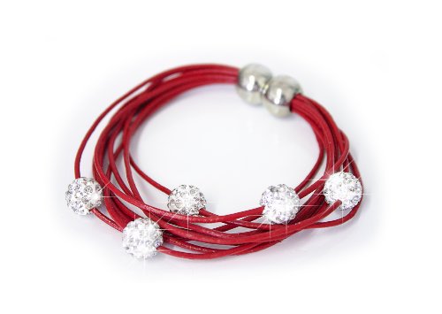 Preisvergleich Produktbild Damen Armband Shamballa Lederarmband Modeschmuck Modearmband Schmuck Accessoire Armbänder Magnetschließe mit 5 Strass Kugeln in verschiedene Farben von der Marke MyBeautyworld24, Cherry, 19,5 cm