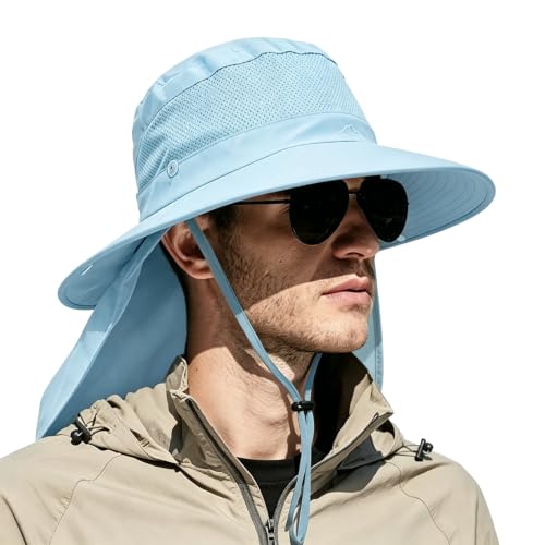 Image of Outdoor Sun Hats with Stowable Neck Flap for Men Women UPF 50+ Mesh Summer Bucket Hat Wide Brim for Fishing Safari Hiking