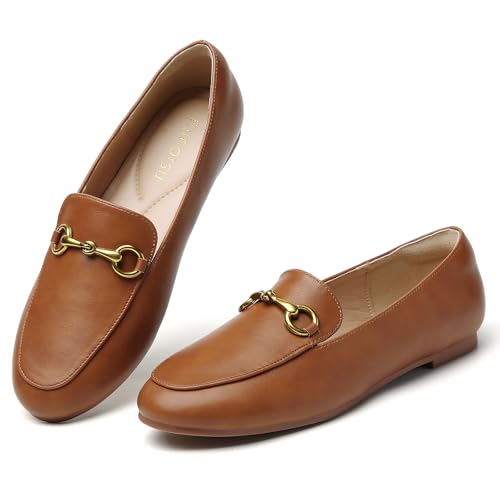 Image of Minorsu Buckle Loafers for Women Slip On Round Toe Dress Flats Business Casual Work Driving Shoes