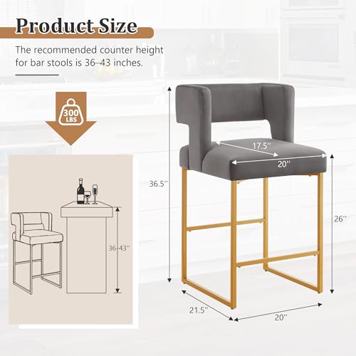 Image of Counter Height Bar Stools Set of 4, Grey Velvet Bar Chair Gold Leg | 26 inch Seat Height Fits Standard Kitchen Islands, Upholstered Barstools, Back Support, Square Metal Legs, Footrest