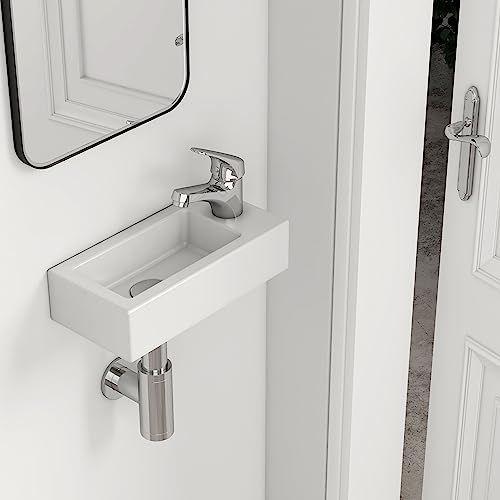 EMKE Waschbecken - Mini Hängewaschbecken für Badezimmer & Gäste-WC - 36 × 18 × 9 cm - Hochwertige KeramikWaschschale - rechteckig Armatur-Loch Rechte - Weiß