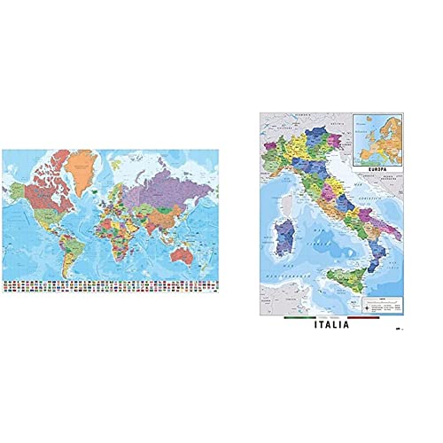 Grupo Erik: Pack Cartina Italia Fisico Politica + Mappamondo, 61 x 91,5 cm, Poster Cartina Geografica Italia + Cartina Geografica Mondo da Parete, Planisfero da Parete