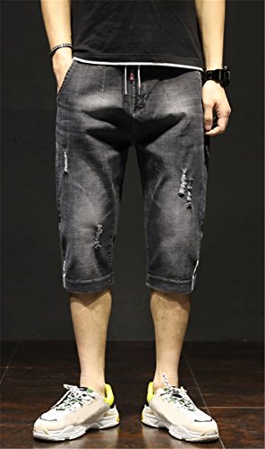 image for QZH.DUAO Men's Elastic Waist Stretch Ripped Distressed Capri Denim Jea