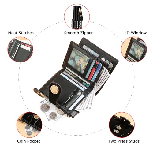 Fashionable genuine leather women's wallet, multiple card slots, short three fold style, zipper and snap closure, RFID shielding protection credit card clip, foldable wallet (Black)4