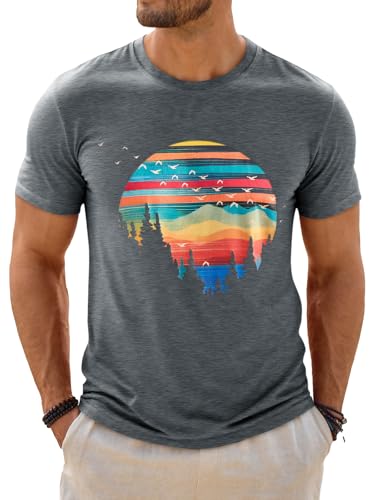 Runcati Mens Short Sleeve T-Shirts Graphic Crewneck Casual Printed Tee Summer Beach Hawaiian Vintage Shirts Grey