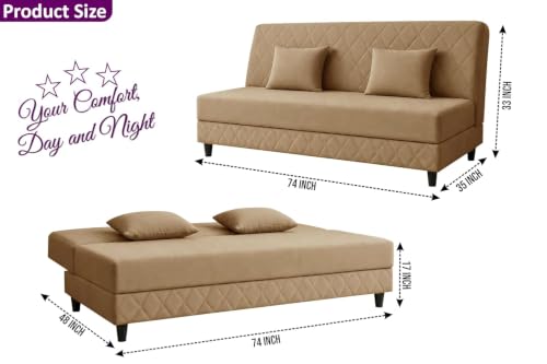 Image of Deco Studio 3 Seater Sofa Bed | Premium Upholstered Velvet Fabric Folding Couch for Living Room, Guest Room & Bedroom | Quilted Backrest with 2 Cushions (Golden)