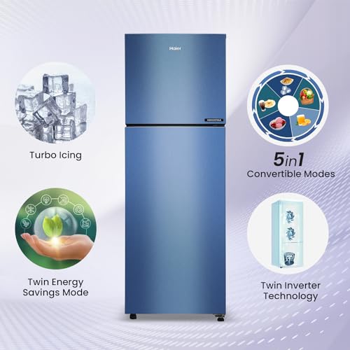 Image of Haier 240 L, 3 Star, 5 In 1 Convertible, Twin Inverter Technology, Frost Free Double Door Refrigerator (HEF-253GI-P, Green Inox)