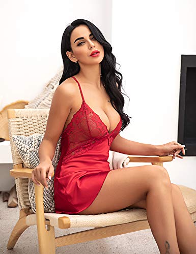 Avidlove Women Satin Nightgown Lace Babydoll Set Sexy Lingerie V Neck Teddy Strap Chemise XXL, Red