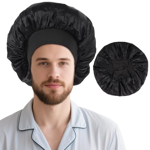 Hair Bonnet for Sleeping,Satin Lined Bonnet,Double Layer Satin Bonnets,Sleeping Hair Cap for Women Men Dreadlocks Braids Curly Hair Shower Black