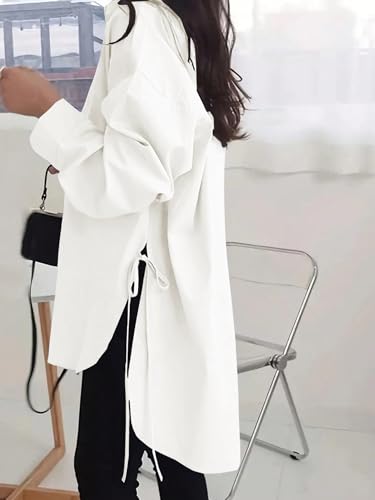 VNIRA Oversized Button Down Shirts for Women Long Sleeve Shirt Dress V Neck Split Sexy High Low Blouse with Straps2