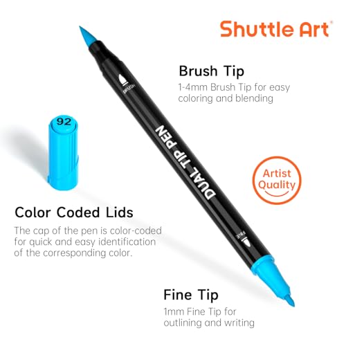 Image of Shuttle Art Dual Tip Brush Pens, 96 Colours Fine and Brush Tip Markers Set with Pen Holder & 1 Colouring Book, Felt Tip Colouring Pens for Adults and Children Colouring Calligraphy Journal Doodling