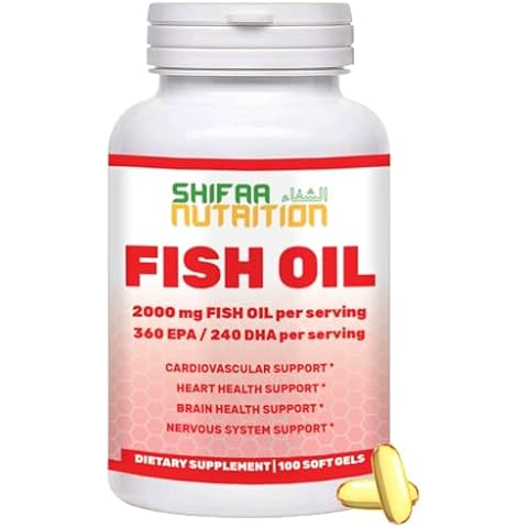 SHIFAA NUTRITION Halal Fish Oil 2000mg Softgels with 360mg EPA & 240mg DHA. 100 Wild Caught & Non-GMO Omega 3 Softgels for Heart & Brain Health. Burpless, Easy-to-Swallow Fish Oil Omega 3 Supplements Cover