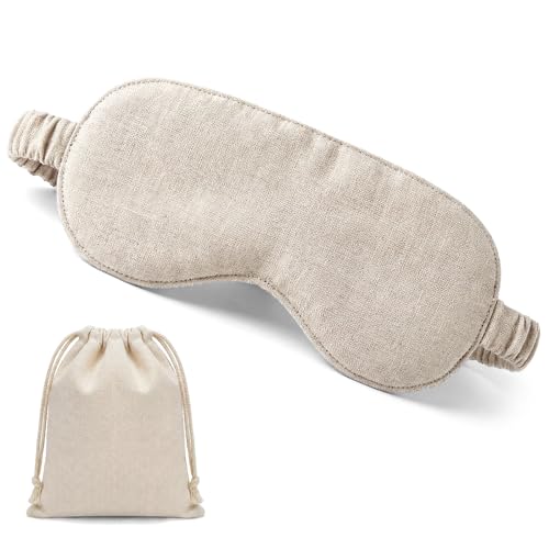 Funnysoft 2 Pcs Pure Linen Sleep Mask with Matching Pouch Organic Cotton No Pressure Eye Cover Blackout Breathable Eye Mask with Strap for Side Sleeping Napping Business Trip Gift (Linen)