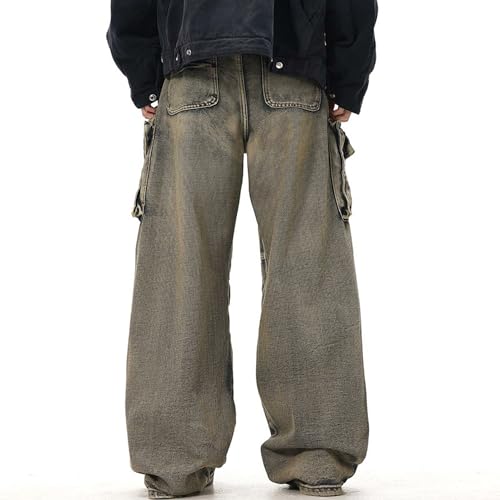 XYXIONGMAO Men's Loose Tactical Hip Hop Jeans Techwear Cargo Pants Grey Wasteland-Style Multi-Pocket Pants for Men3