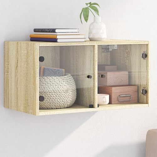 Gecheer Estantería de Pared,Baldas Flotantes,Armario Pared,Armario Pared Colgante,Mueble de Pared Puertas de Vidrio Roble Sonoma 68,5x37x35 cm