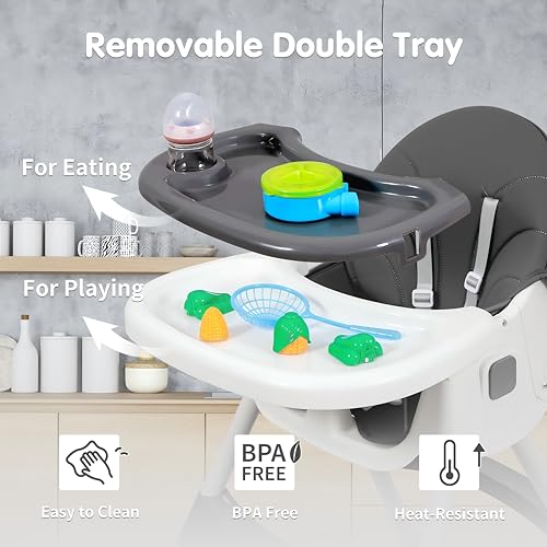 Baby High Chair, 6 in 1 Convertible High Chairs for Babies and Toddlers with 5-Point Safety Harness,Foldable High Chair for Space-Saving, Adjustable Dining Tray,Backrest & Height,Easy to Clean Surface