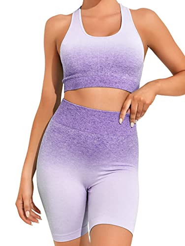 OUDOTA Conjuntos de entrenamiento para mujer, 2 piezas, traje de gimnasio, color degradado, sin costuras, traje de yoga de cintura alta, pantalones cortos, sujetador deportivo, morado, L Cover