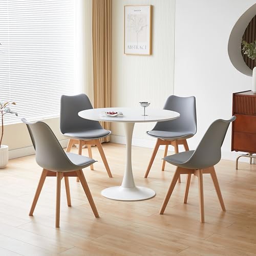 Nera 90cm Round Wooden Dining Table and Chairs Set 4 with Padded Seat Cushions & Sturdy Wooden Legs for Home Office Kitchen (Table with 4 Grey Chairs, White Table)