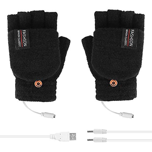 USB Heated Gloves Mitten Winter Hands Warm Laptop Gloves for Unisex Women's & Men's,Full & Half Heated Fingerless Knitting Wool Heating Mittens Hands Warmer Washable Design (Black, 2PCS)