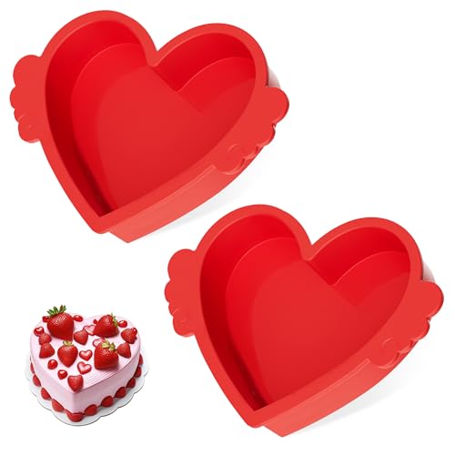 AOTASO Moldes de silicona con forma de corazón de 8 pulgadas para el día de San Valentín con marco reforzado de metal, moldes de silicona antiadherentes para hornear, juego de 2 (rojo)
