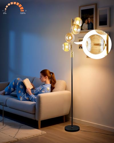 Image of Lightdot 64IN Dimmable Floor Lamp with Glass Globe Shade, Modern Gold &Black Standing Lamps with 4PCS Warm White Bulbs Included, Mid Century Floor Lamp with 5Lbs Heavy Base for Living Room /Sofa Beside