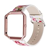 Gimartuk Genuine Leather Watch Band Floral Wrist Strap Bracelet for Fitbit Blaze with Metal Steel Frame (Flower+Rose Gold Frame)