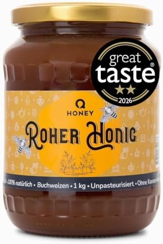 Q Honey Roher Buchweizenhonig 1kg, Ungefiltert & Nicht Pasteurisiert | Unbeheizter Honig mit erdiger Note, direkt aus der Wabe - ideal für Marinaden, Glasuren, Backen & Tee, naturb