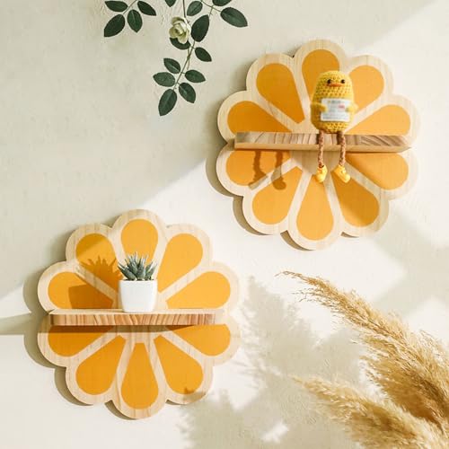 Peiaw Repisa de Pared de Madera Girasol - Decoración de Pared Amarilla Bonita para Habitación Infantil Sala & Cocina Repisa Flotante de Pino Resistente para Suculentas Juguetes & Cosméticos