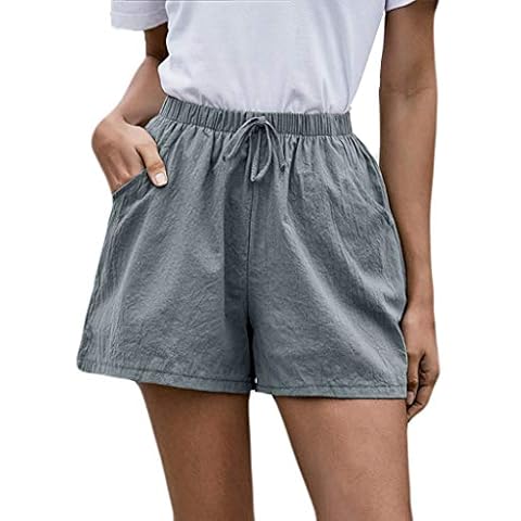 Jabidoos Pantalones cortos para mujer, color liso, de algodón y lino, A-Gray, M Cover