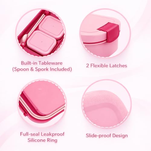 Image of YELONA Lunch Box for Office & Kids 1900ML | Double Layer Leakproof Bento Box with 5 Compartments | Microwave Safe, Built-in Spoon & Fork, BPA Free Tiffin Box - Pink