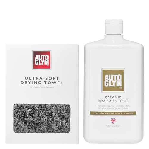 Autoglym Ceramic Wash and Protect, 1L –Triple Action Ceramic Car Shampoo Cleans, Protects And Leaves High Gloss Finish + Ultra-Soft Drying Towel, Extra Large Car Drying Towel, Ultra-Absorbent