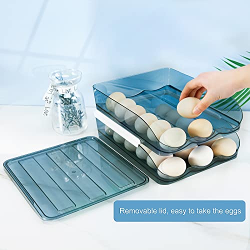 Rubtlamp Egg Container For Refrigerator, Plastic Egg Storage Box, Clear Blue Egg Holder With Lid Large Capacity 36 Count Fridge Egg Organizer, Auto Rolling Egg Holder(2 Layers) #TOP3