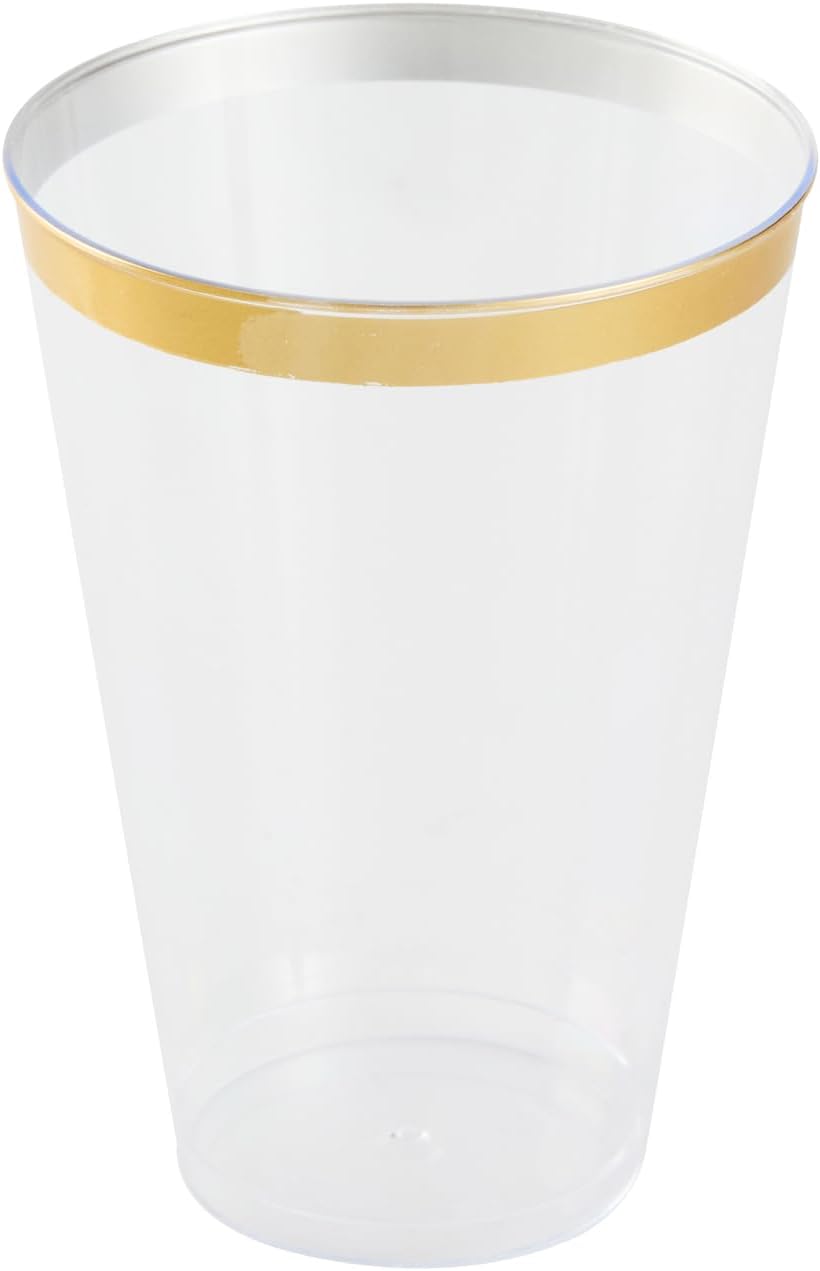 Restaurantware Party Cups 14 oz Pack of 500 Clear Plastic Cups with Gold Rim Disposable, Durable Plastic Glasses Cold Food-Friendly Tumblers for Cocktails at Birthday Parties, Pool Parties